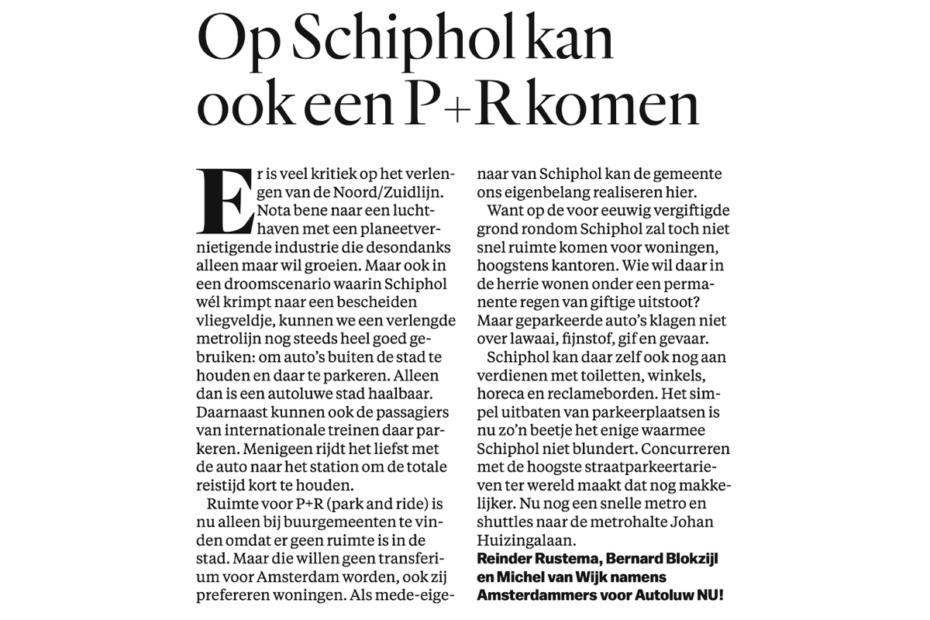 Opinie in Het Parool: ‘Maak op Schiphol dé P+R voor Amsterdam’